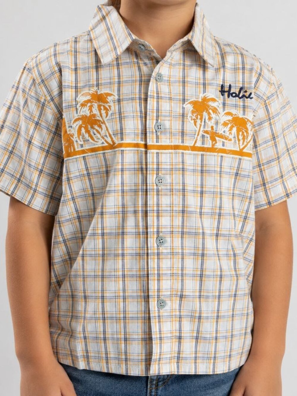 Hobie Boys Plaid Button-Up Shirt Size 5 100% Cotton Short Sleeve Hawaiian Beach